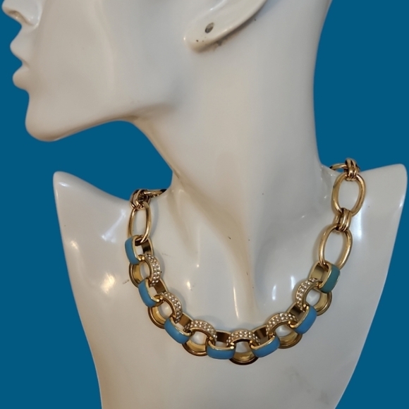 Vintage 1990s Chunky Rhinestone Turquoise Blue Enamel Circle Link Chain Necklace - Picture 1 of 7